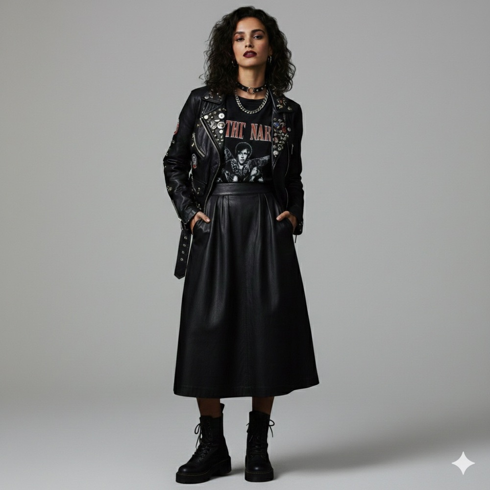 100% Leather Matrix Moto Baddie Midi Skirt Sz-XS Edgy Punk Rebel Grunge Y2K